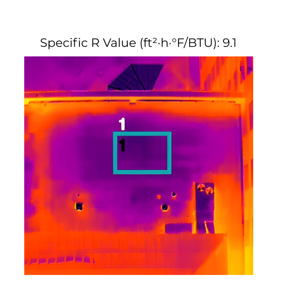 Thermal image of the roof with a blue box highlighting a specific part of the roof where the measured R-value is 9.1.