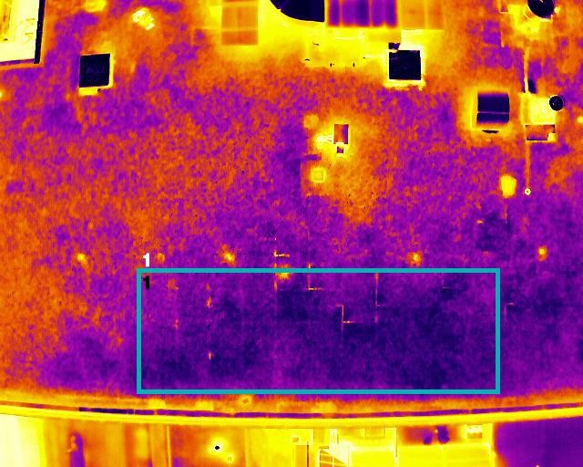 Thermal image of a roof that is showcasing moisture penetration.